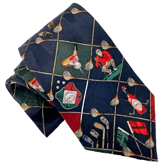Tabasco Golf Themed 100% Silk Neck Tie Made in USA Novelty 58 1/2" x 4" EUC - Picture 1 of 8